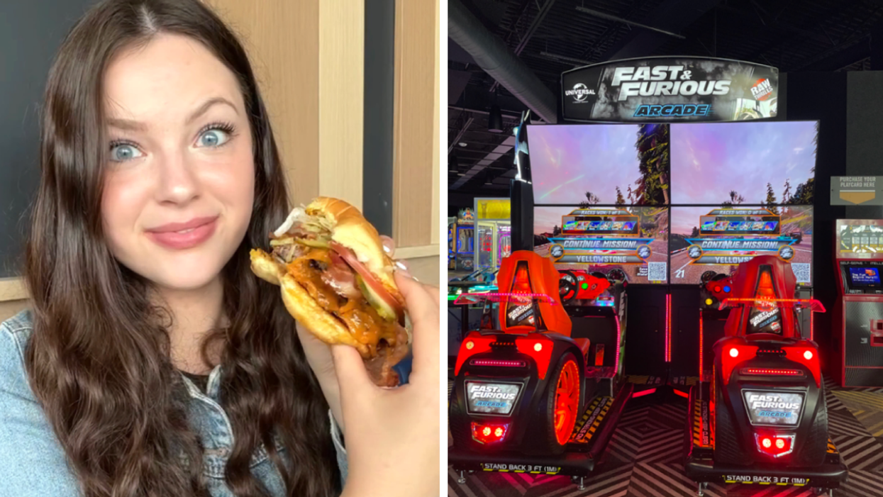 Brooke Houghton with a burger. Right: Arcade game at Cineplex Junxion.