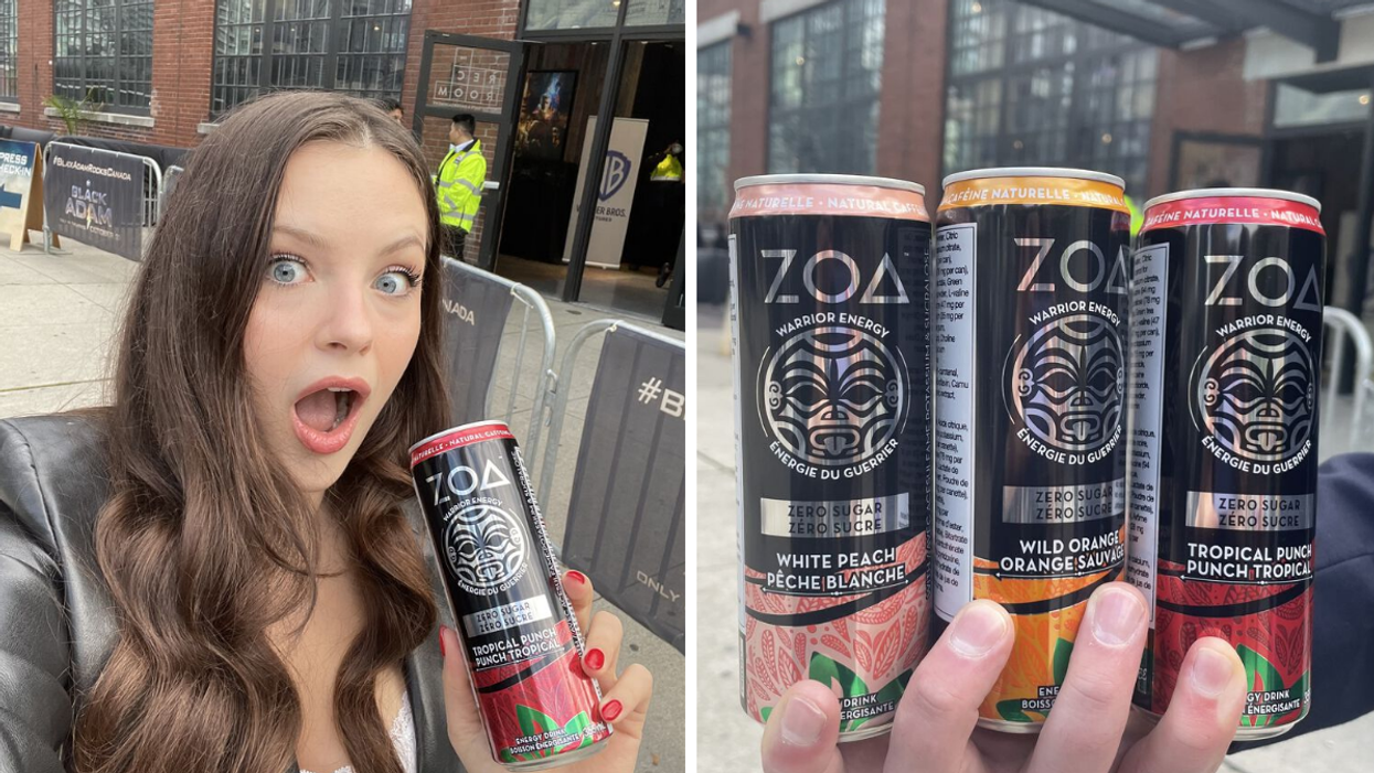 Brooke Houghton with a ZOA Energy drink. Right: ZOA Energy drinks.