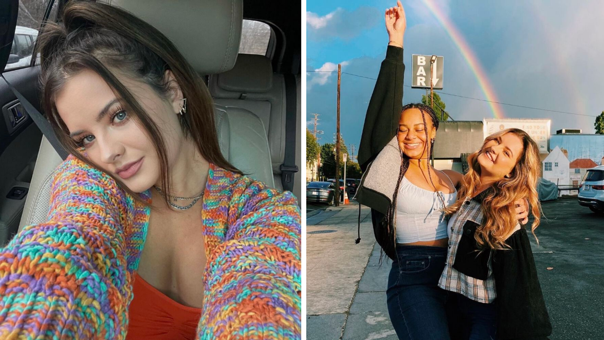 Brooke Hyland in an orange and rainbow top. Right: Nia Sioux and Hyland posing together.