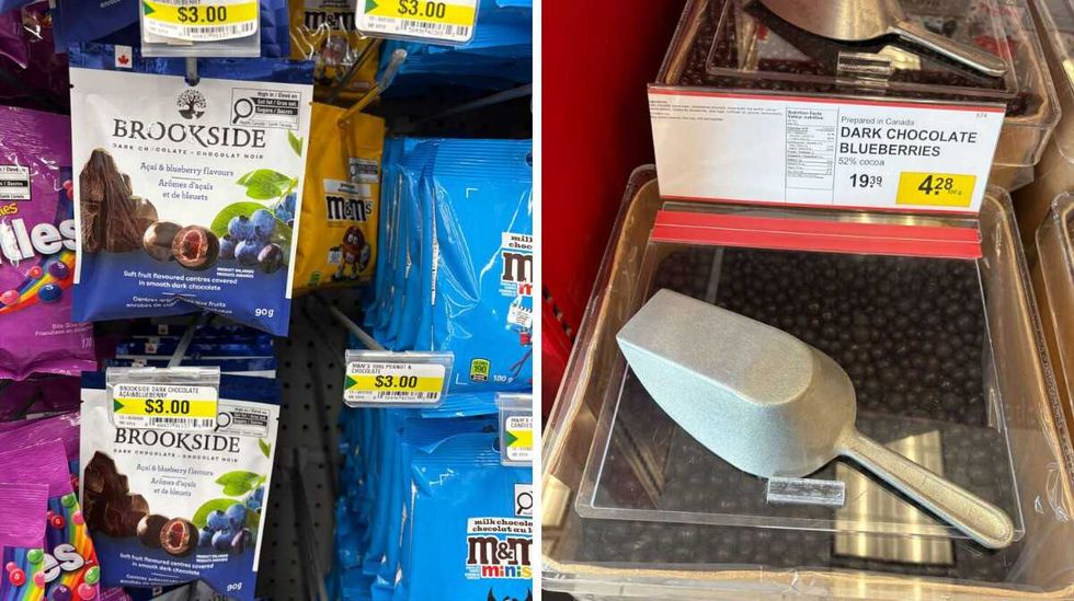 Brookside chocolate-covered blueberries at Dollarama. Right: Chocolate-covered blueberries at Bulk Barn.