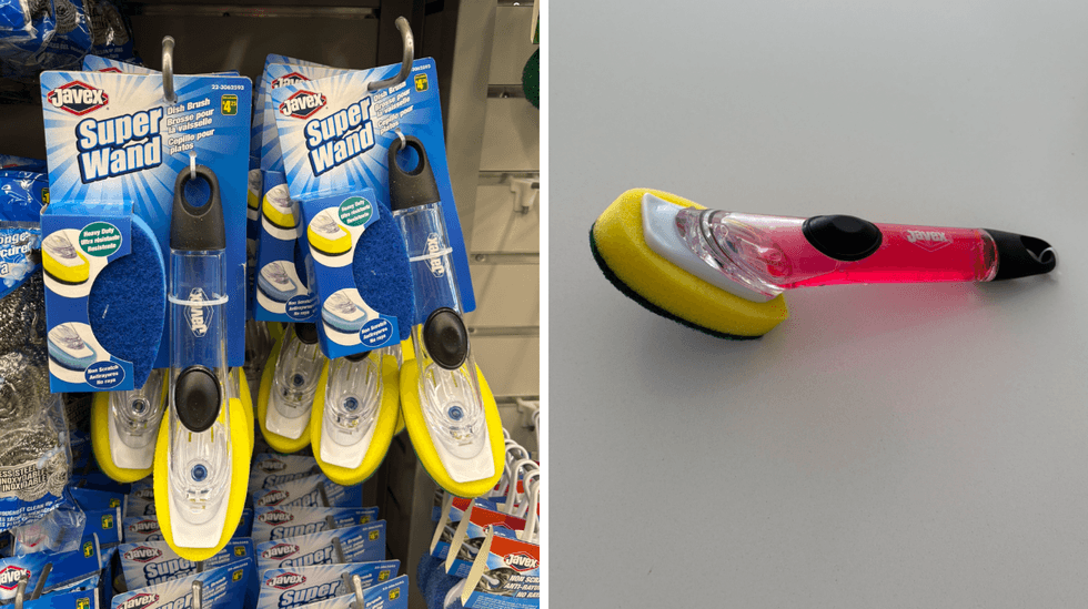 Brosse pour vaisselle Javex sur les \u00e9tag\u00e8res du Dollarama, Droite : brosse pour vaisselle Javex sur un comptoir.