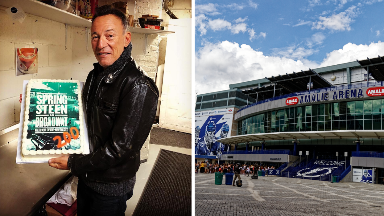Bruce Springsteen holding up a broadway cake. Right: Amalie Arena's exterior in Tampa, FL.