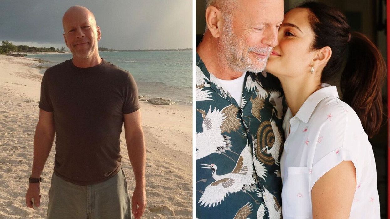 Bruce Willis. Right: Bruce Willis with his wife Emma Heming Willis.