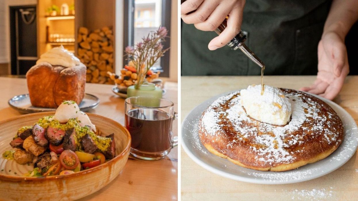 Brunch at Farm & Fire. Right: Pancakes at Ten Foot Henry