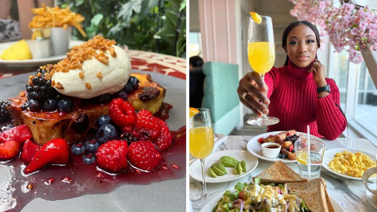 Brunch in Toronto, Ontario. Right: Woman holding a mimosa.