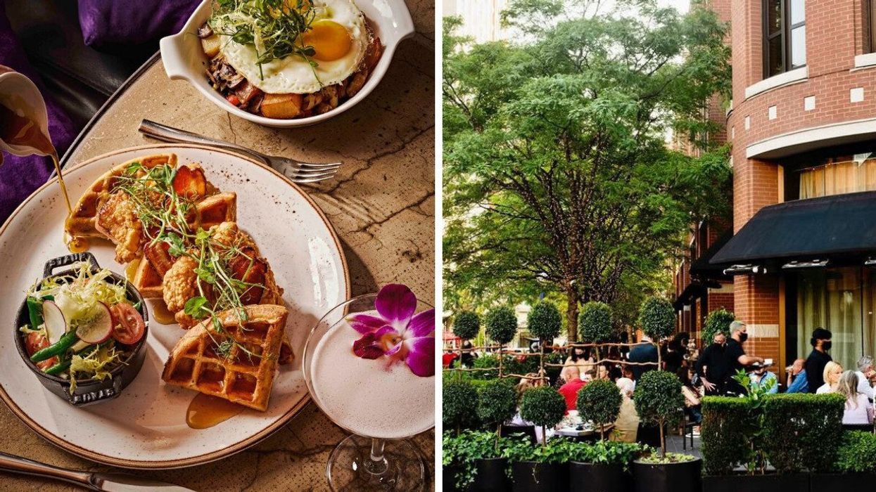 Brunch items on a table. Right: A patio surrounded by greenery.