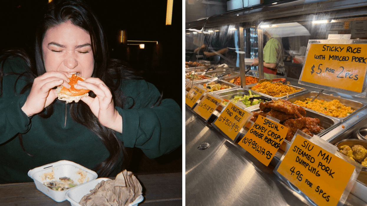 Brunette eating a burger. Right: Chinese Food Hot Table