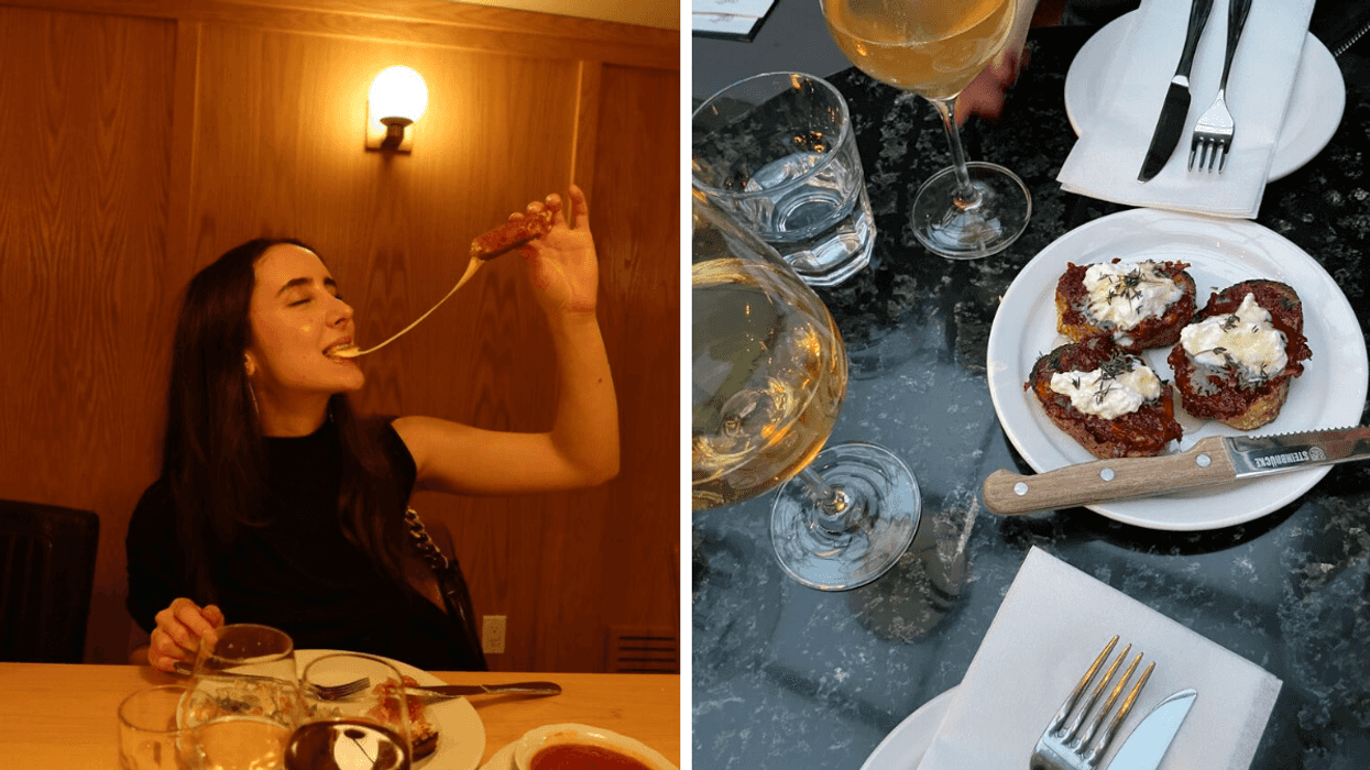 Brunette girl eating mozzarella stick with cheese pull. Right: Table top dinner with wine glasses, cutlery, and appetizer