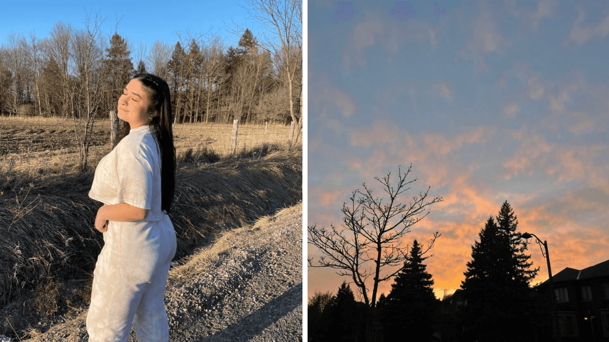 Brunette girl on the road. Right: Sunset photo of Ontario city