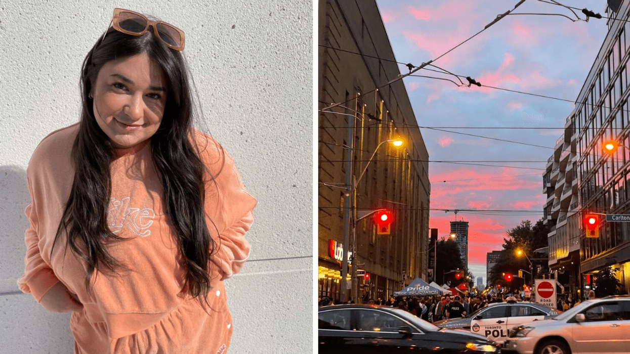 Brunette girl. Right: Busy City Toronto Street