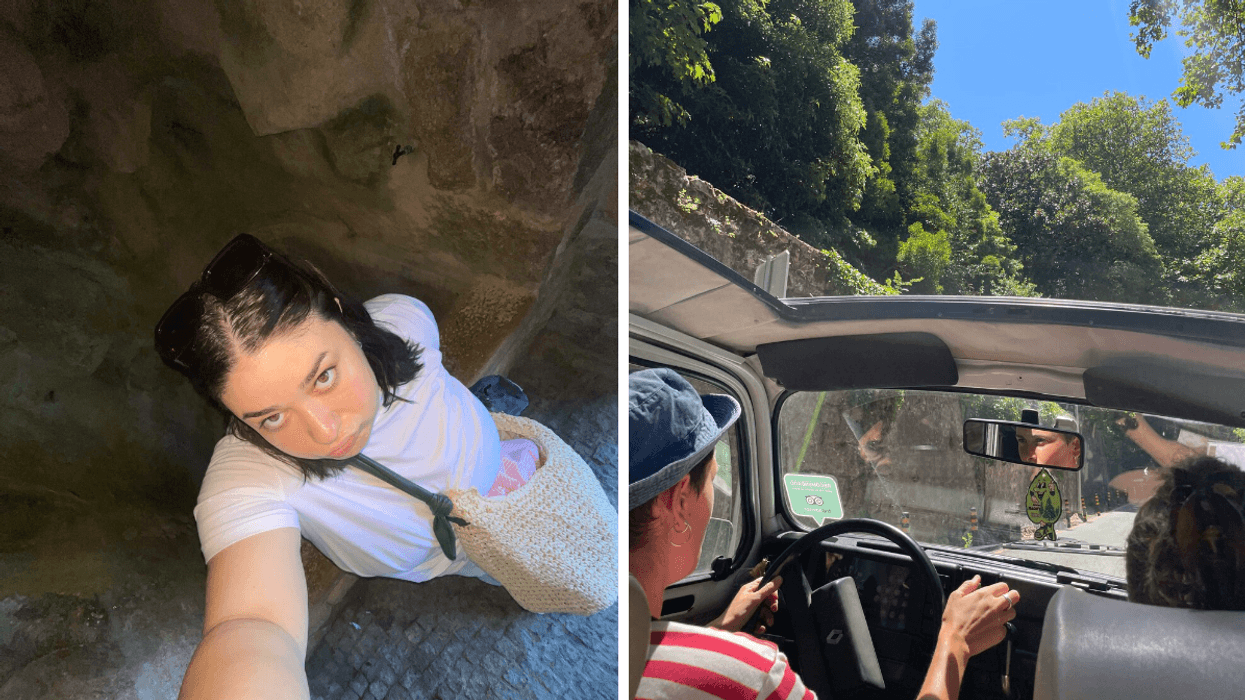 Brunette girl. Right: Driving