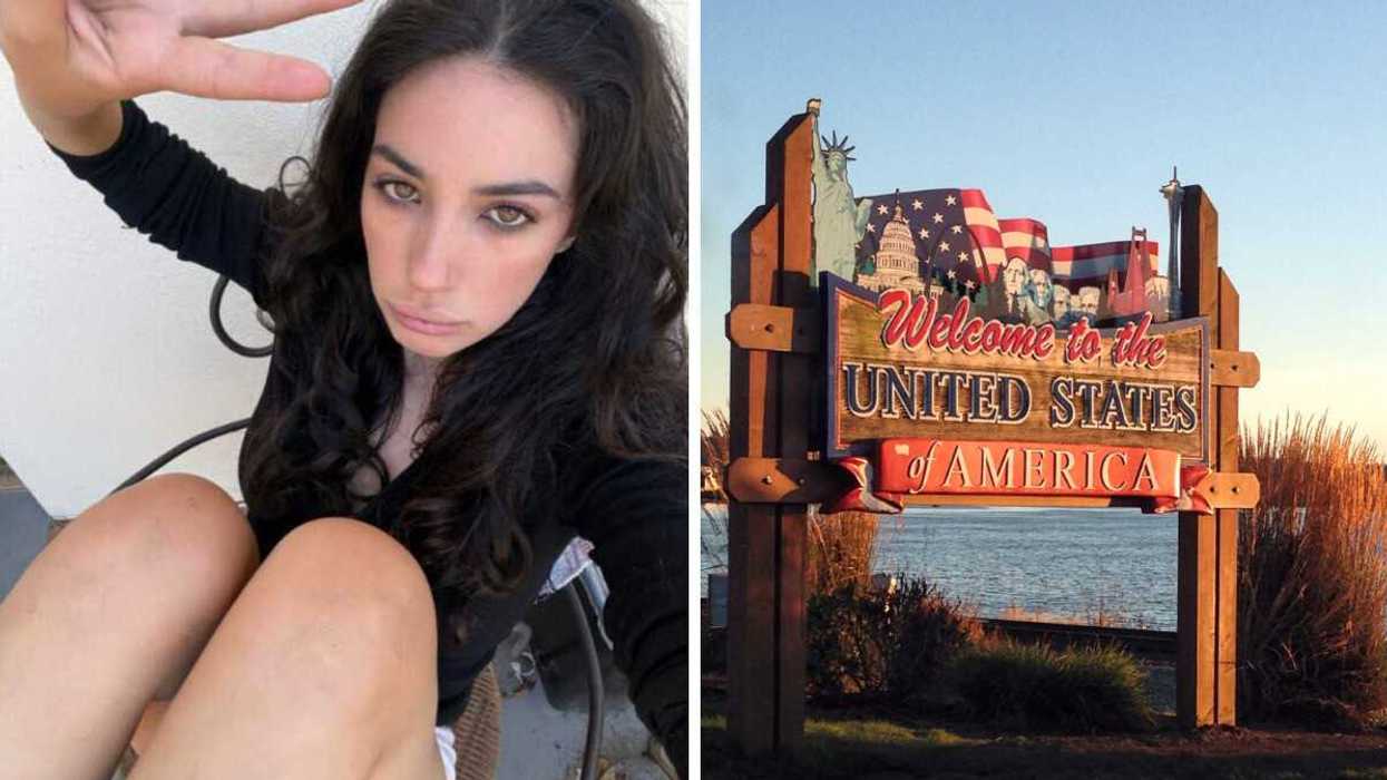 Brunette in black top takes selfie. Right: Colourful sign reads "Welcome to the United States of America".