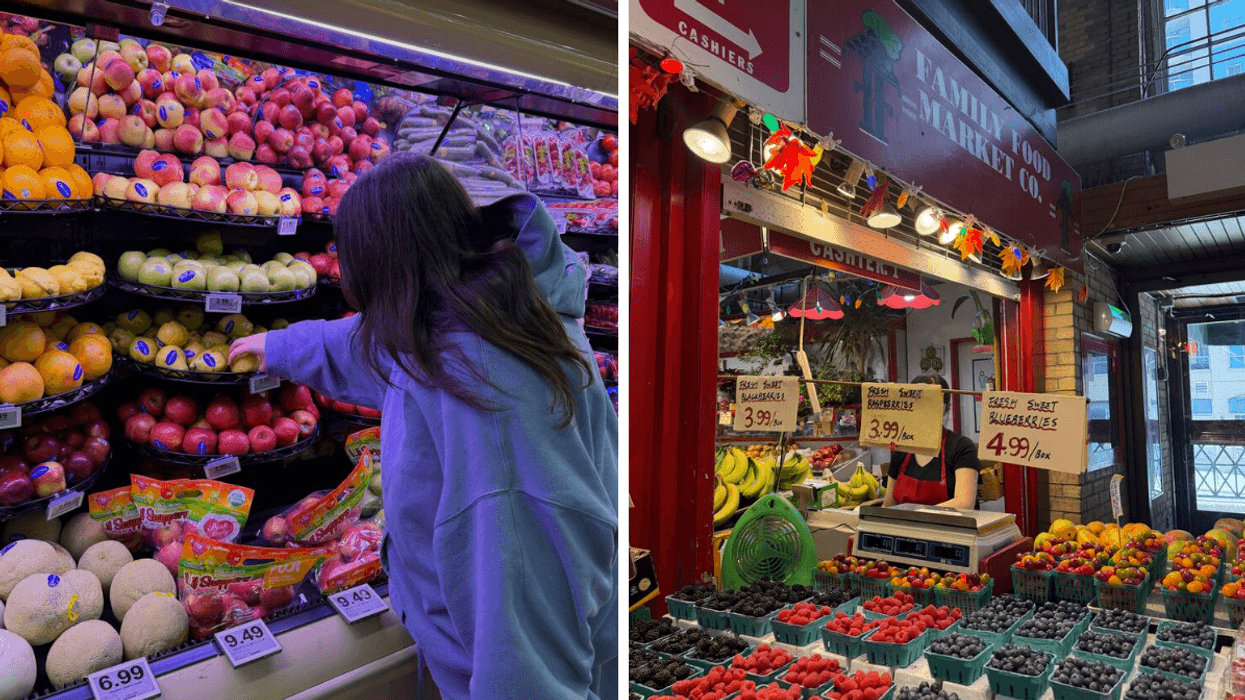 Brunette in market looking at fruit. Right: St. Lawrence Market fruit stand