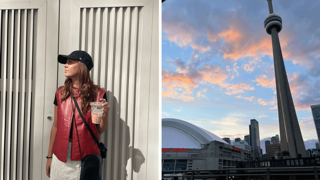 Brunette in the city. Right: CN Tower.