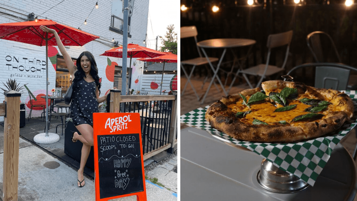 Brunette on a patio. Right: Pizza on a Patio