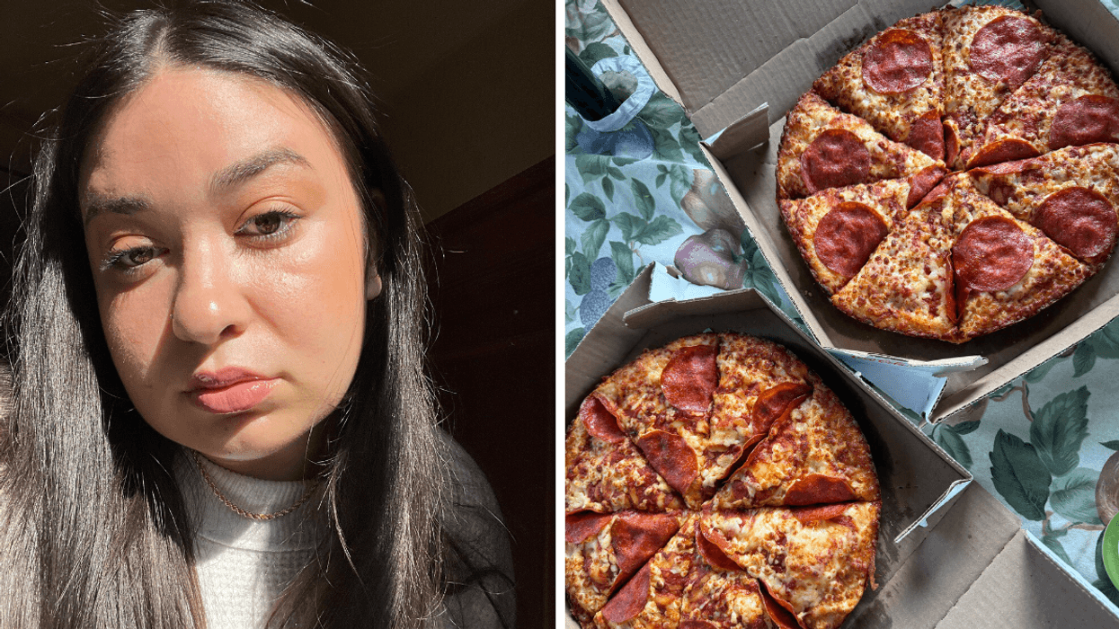 Brunette ready to eat. RIght: Pizza