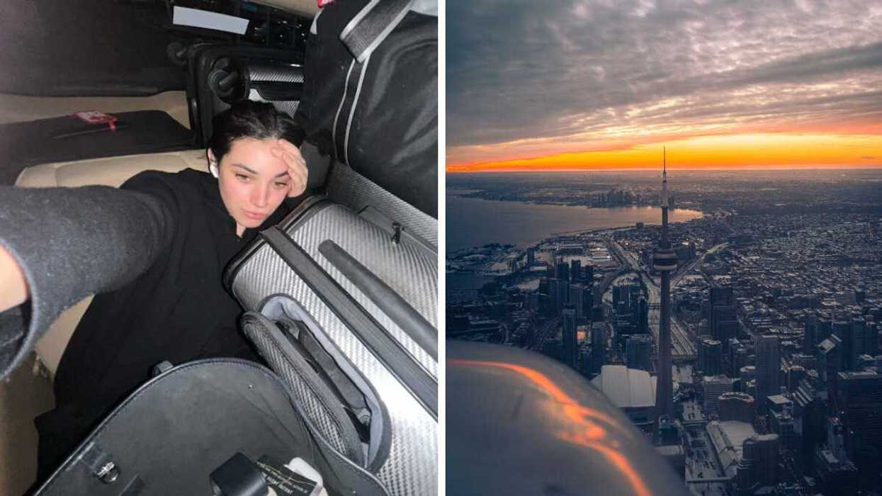 Brunette takes selfie in car with 5 luggages surrounding her. Right: Aerial view of Toronto skyline at sunset.