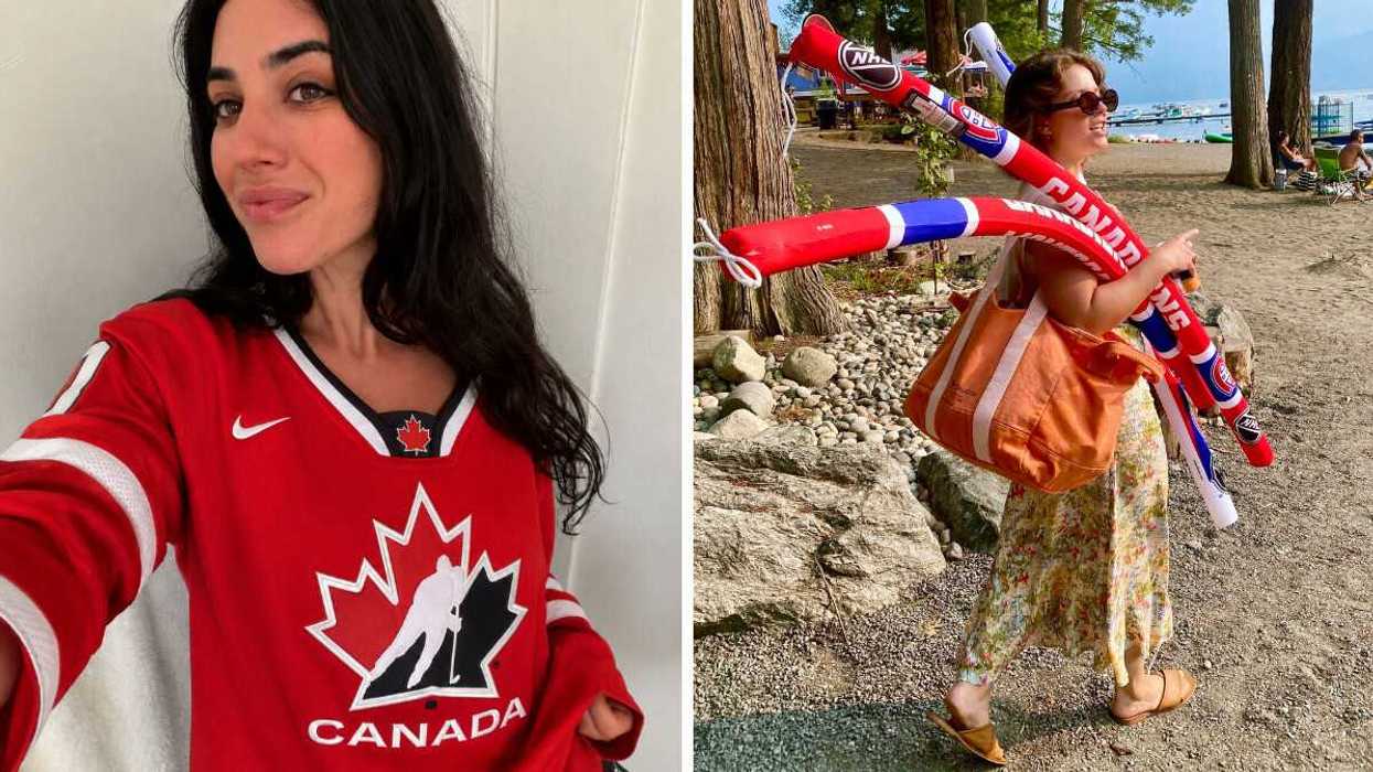 Brunette takes selfie in red, black, and white Team Canada hockey jersey. Right: Girl in yellow sundress and sunglasses at Cultus lake with Canadiens pool floaties.