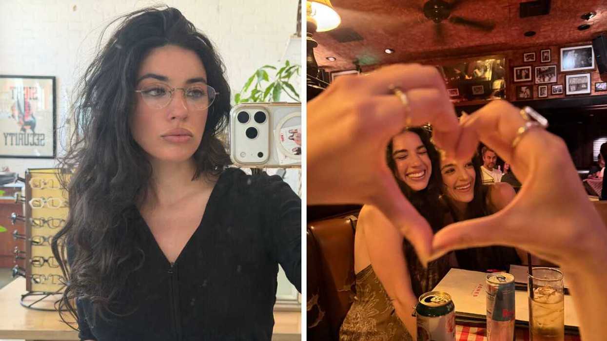 Brunette takes selfie with glasses in mirror. Right: Heart hands create frame over two girls smiling faces at dinner in dimly lit establishment.