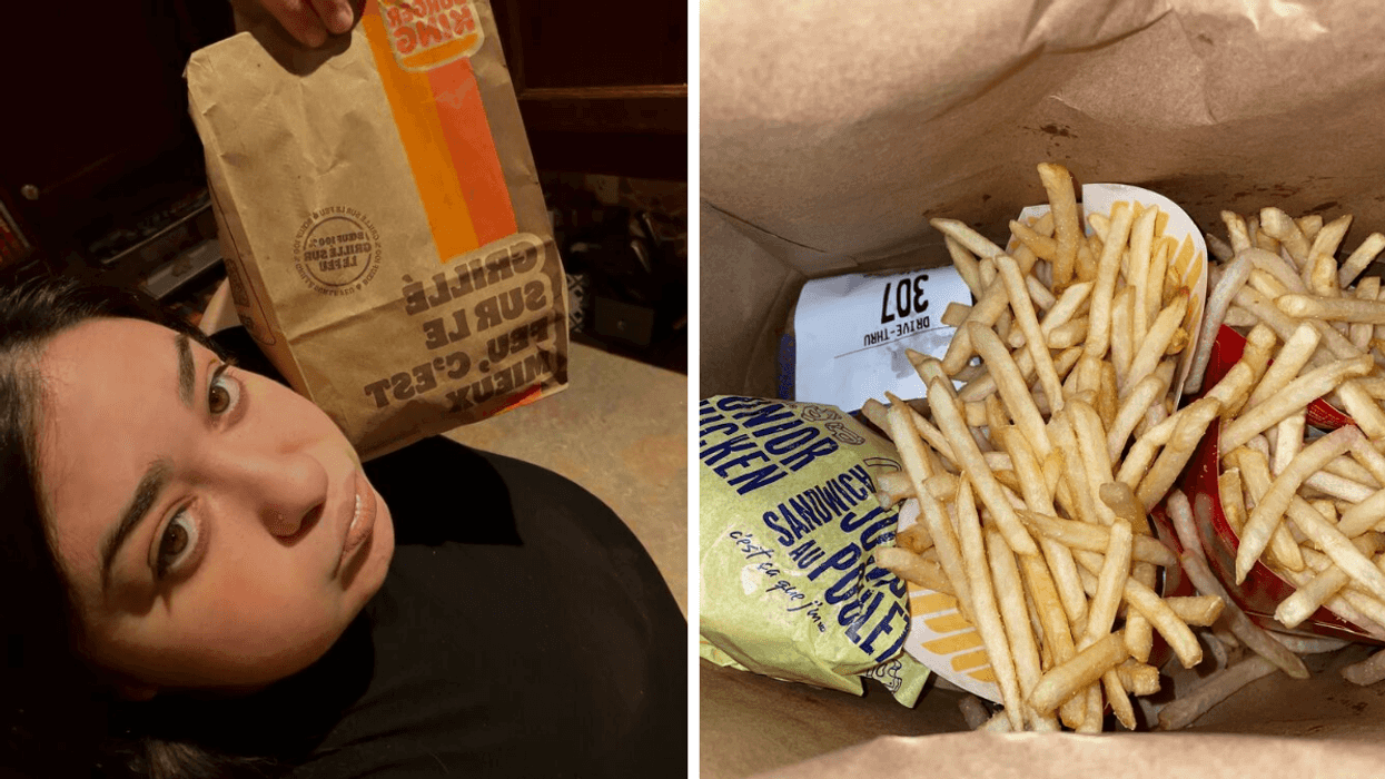 Brunette with take out bag. Right: bird's eye view inside Mcdonald's bag