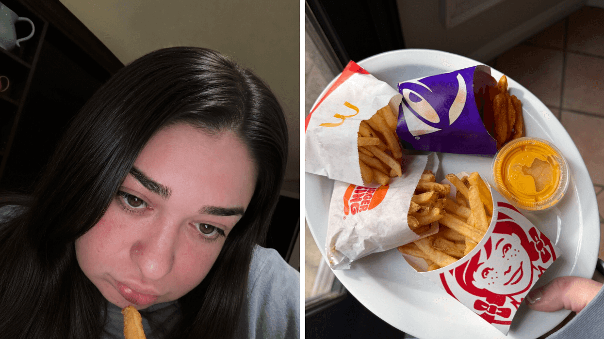 Brunette woman eating french fry. Right: Plate of french fry options