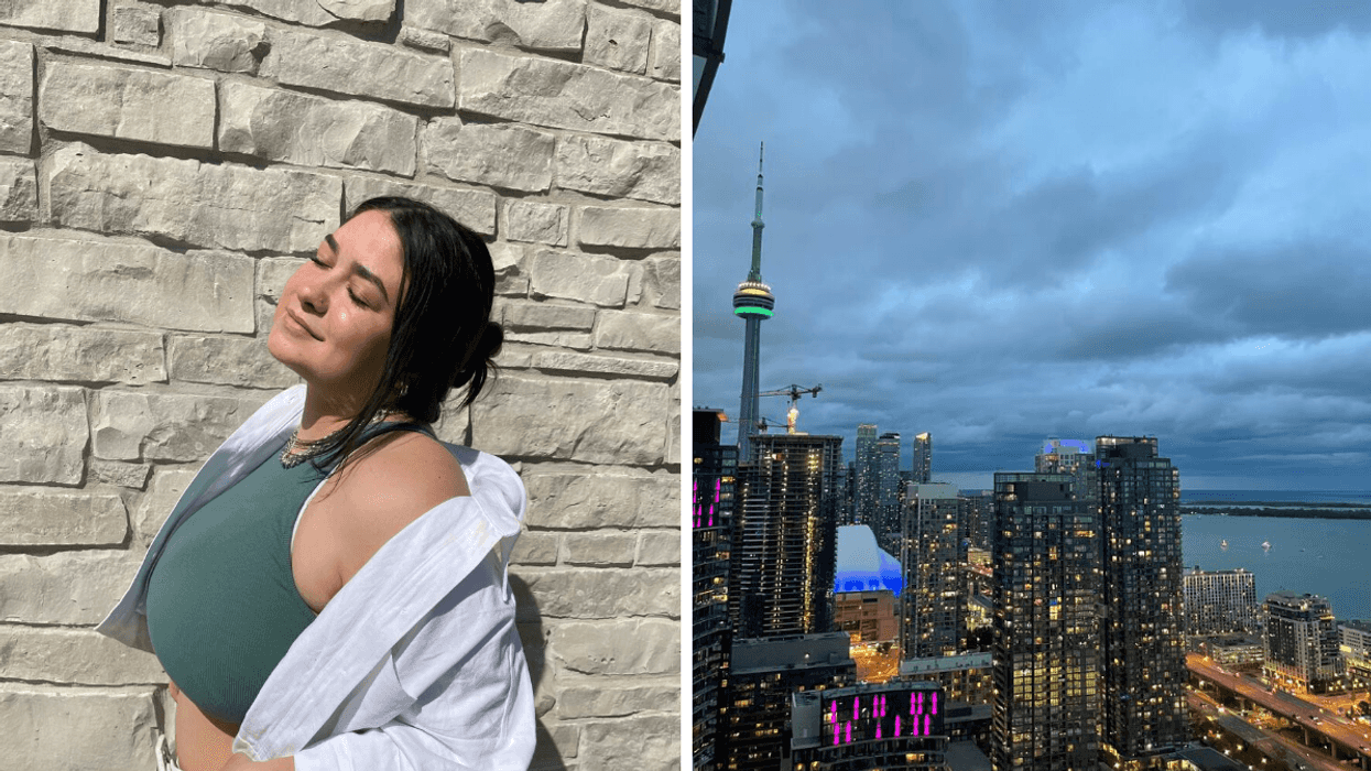 Brunette woman. Right: City skyline