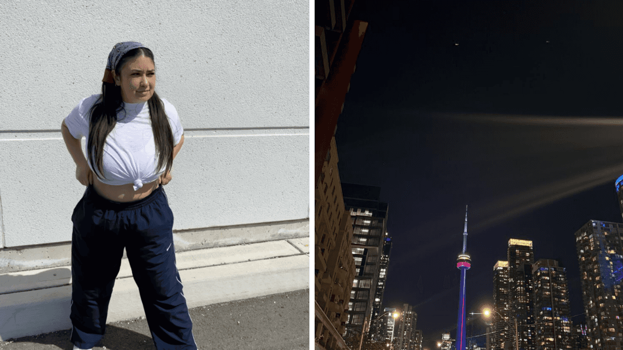 Brunette woman. Right: Toronto skyline