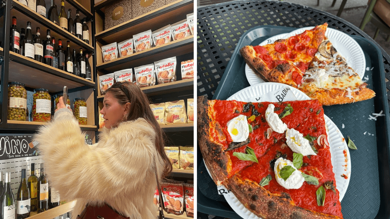 Brunette woman surrounded by pantry staples. Right: Four slices of pizza on paper plates.