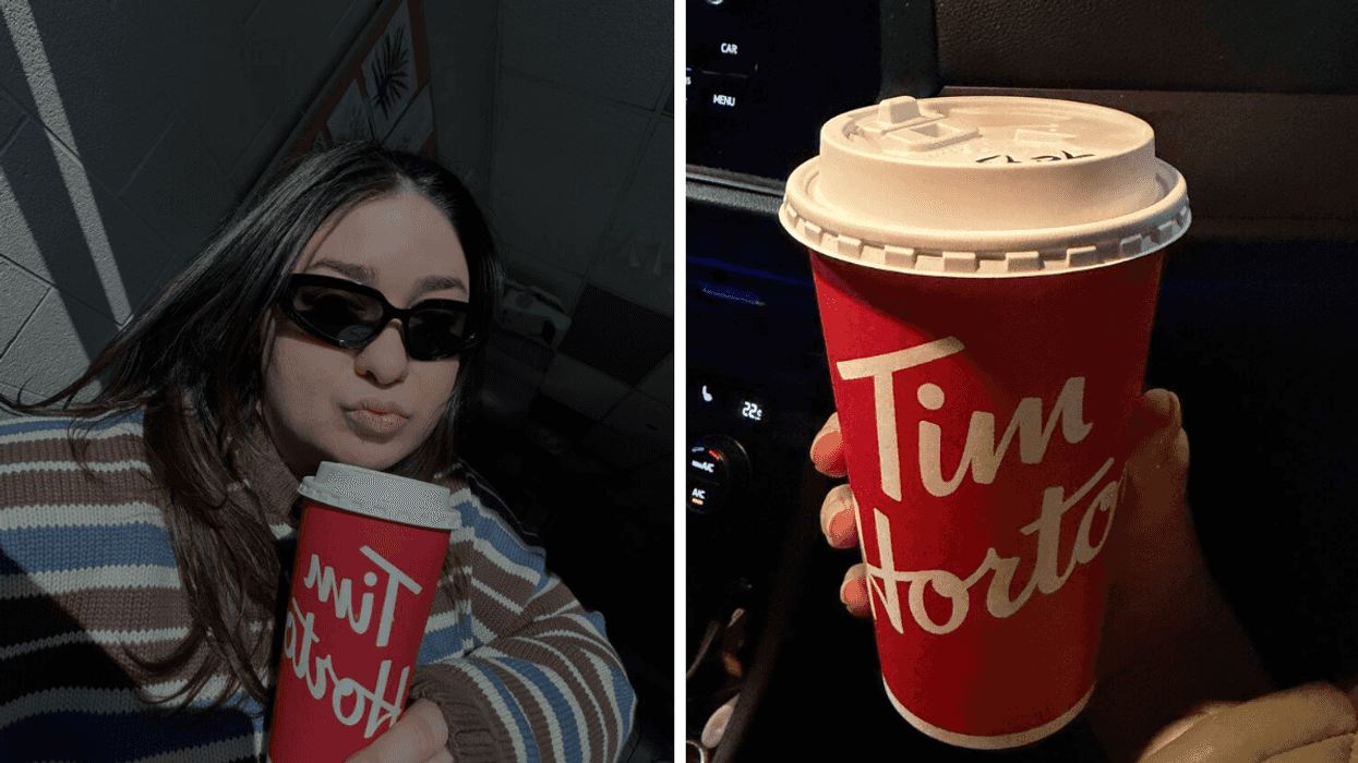 Brunette woman with Tim Horton's Coffee Cup. Right: Tim Horton's Coffee Cup Close Up