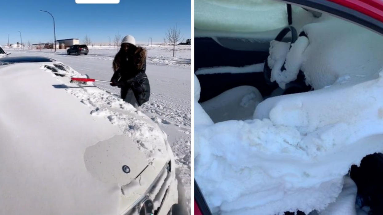 Brushing snow off a car. Right: Snow within a car.