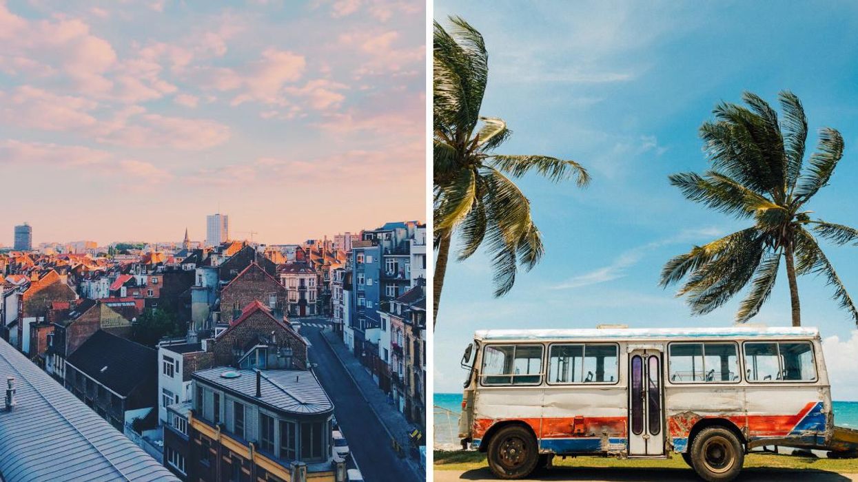 Bruxelles. Droite : Plage avec palmiers en Jamaïque.