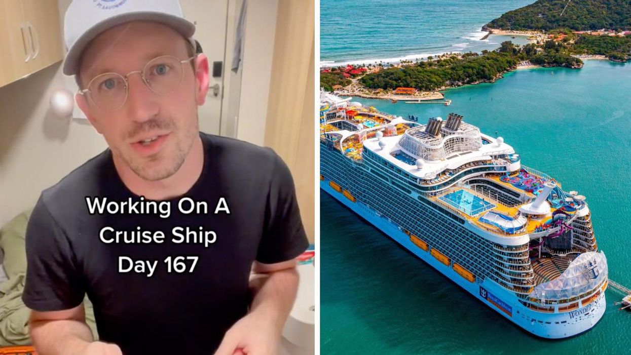 Bryan James inside the cruise ship cabin. Right: The Wonder of the Seas ship. 