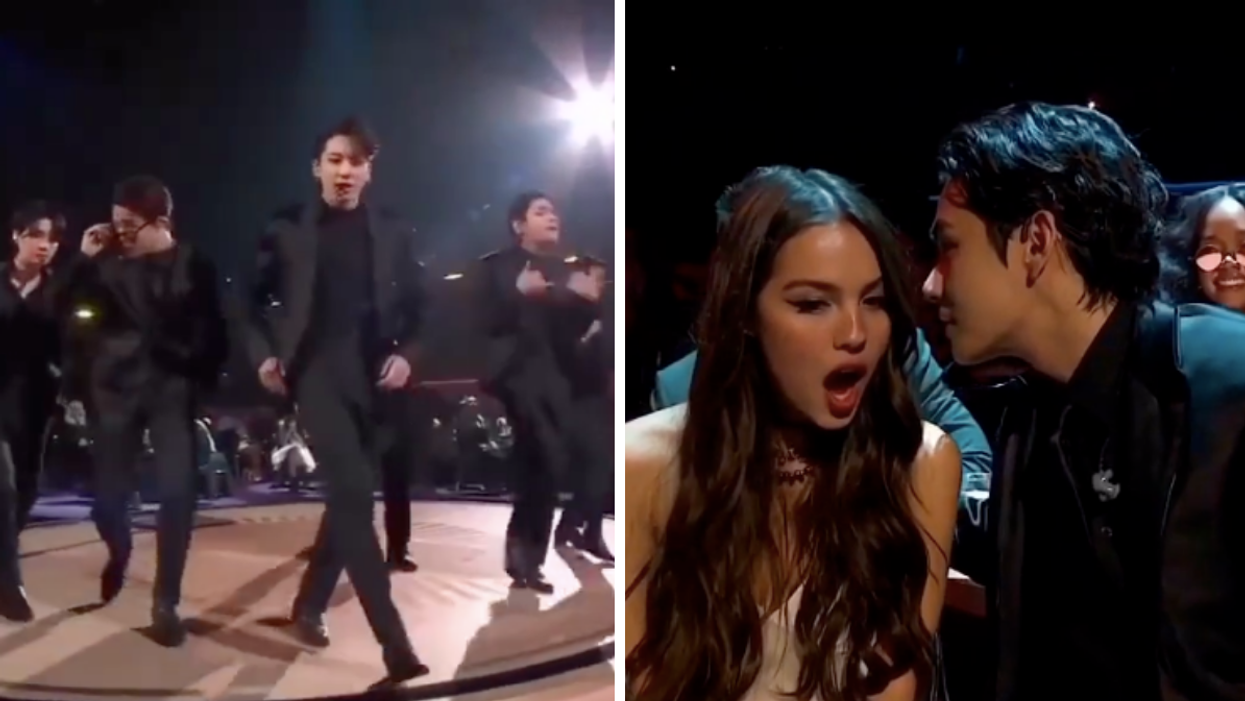 BTS at the Grammys. Right: Olivia Rodrigo and Kim Taehyung.