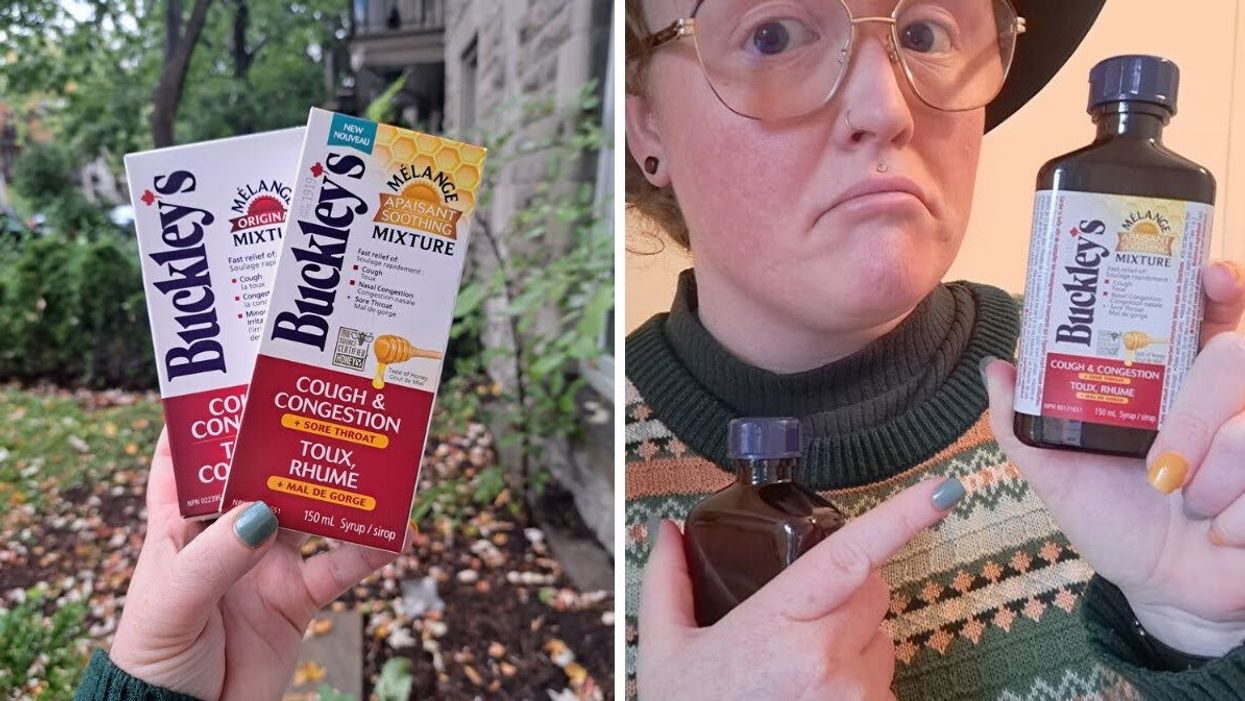 Buckley's Original and Buckley's Soothing Mixture. Right: Louie holds up Buckley's Soothing Mixture.