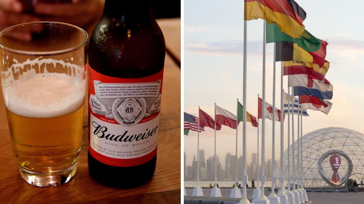 Budweiser beer. Right: FIFA World Cup Qatar 2022 official countdown clock in Qatar.