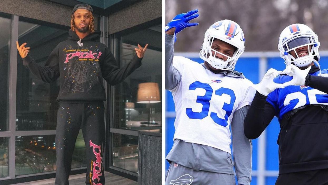 Buffalo Bills safety Damar Hamlin. Right: Damar Hamlin's teammates showing their support during Hamlin's recovery.