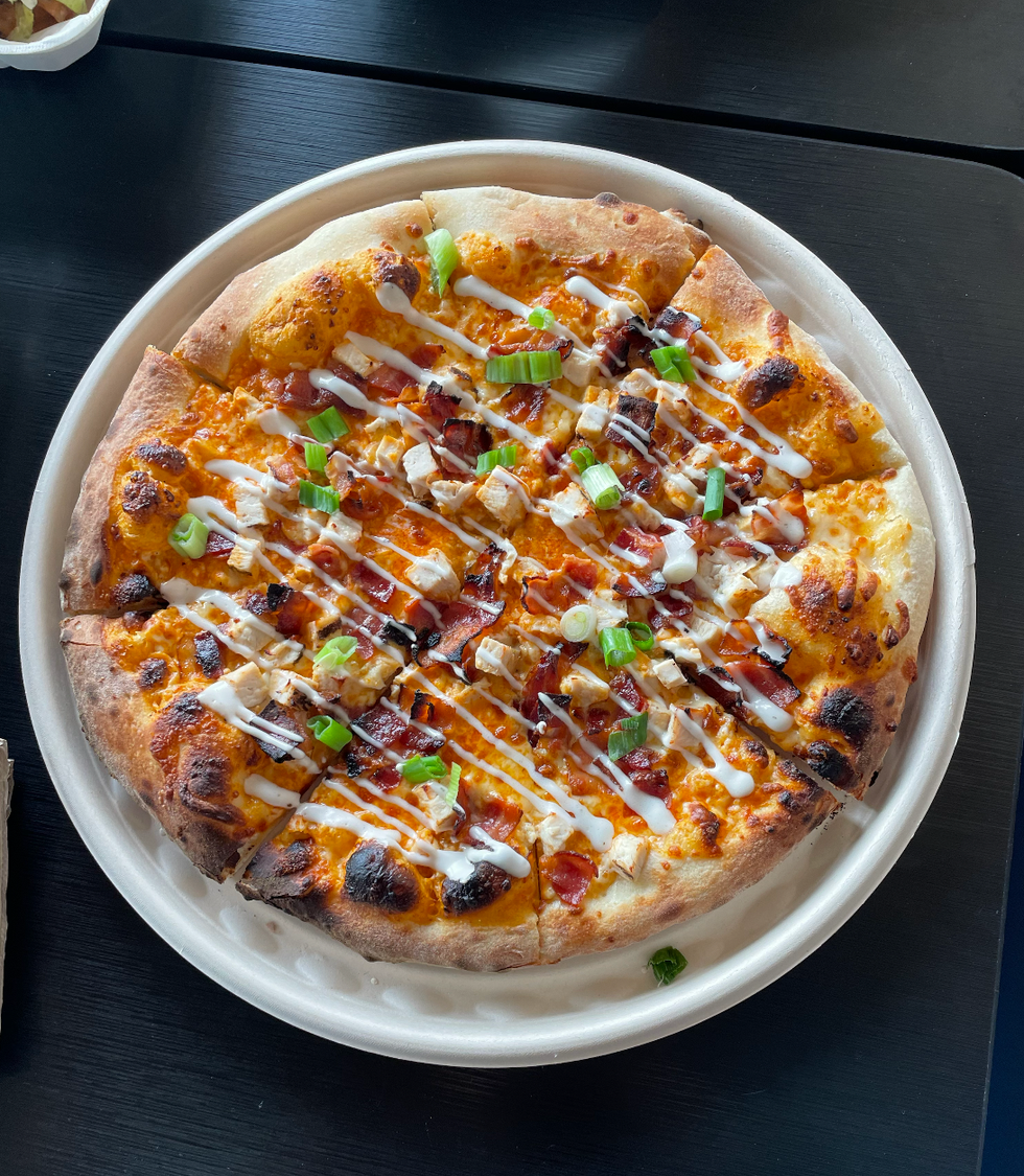 Buffalo Chicken Bacon Ranch Pizza.