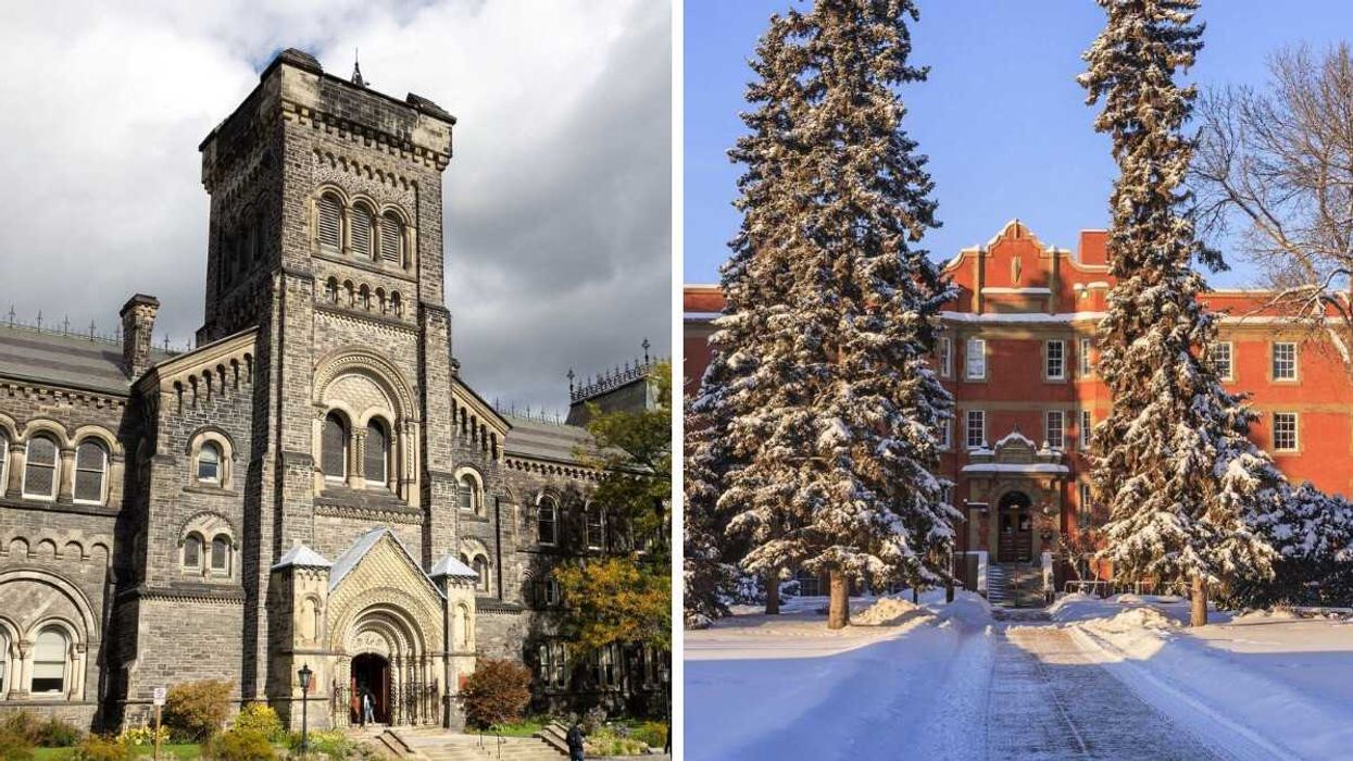 building on university of toronto campus. right: trees and buildings covered in snow at university of alberta