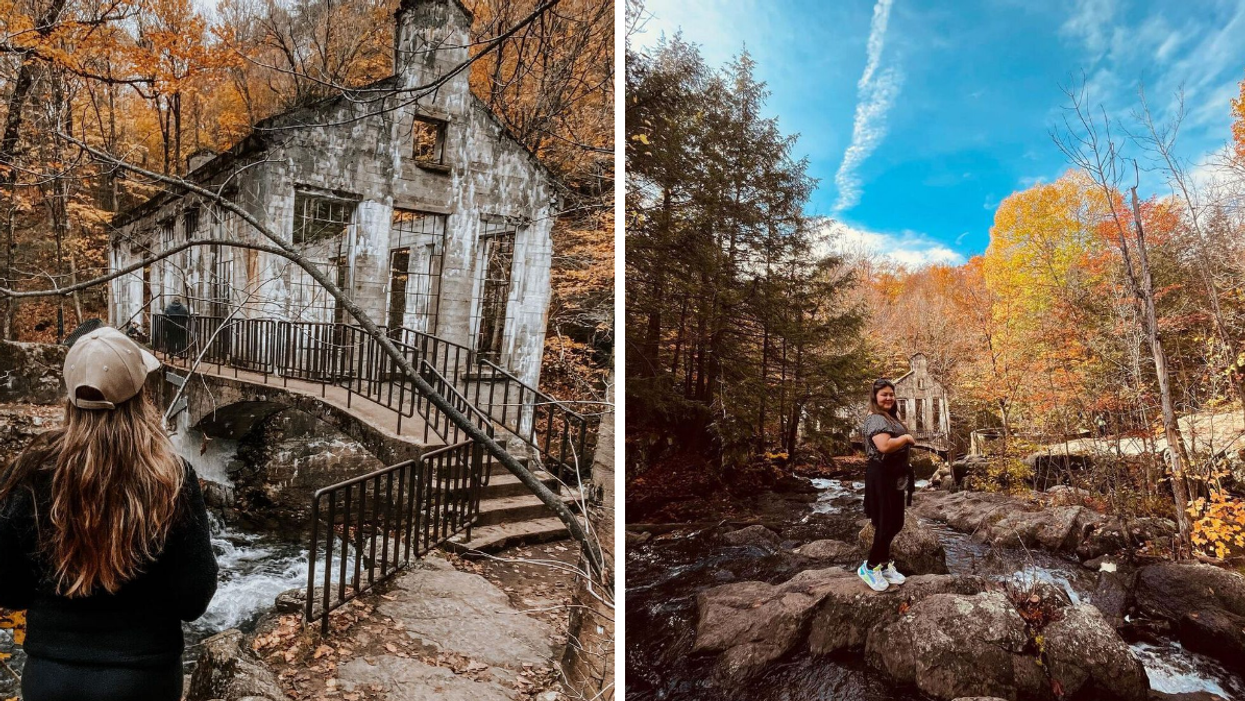 Building ruins in Gatineau Park next to a waterfall surrounded by autumn leaves.