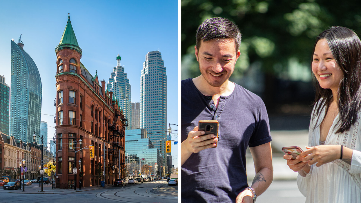 Buildings and monuments downtown Toronto. Right: Two people playing a game outside on their phones.