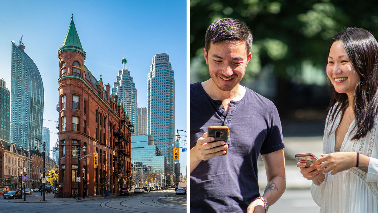 Buildings and monuments downtown Toronto. Right: Two people playing a game outside on their phones.