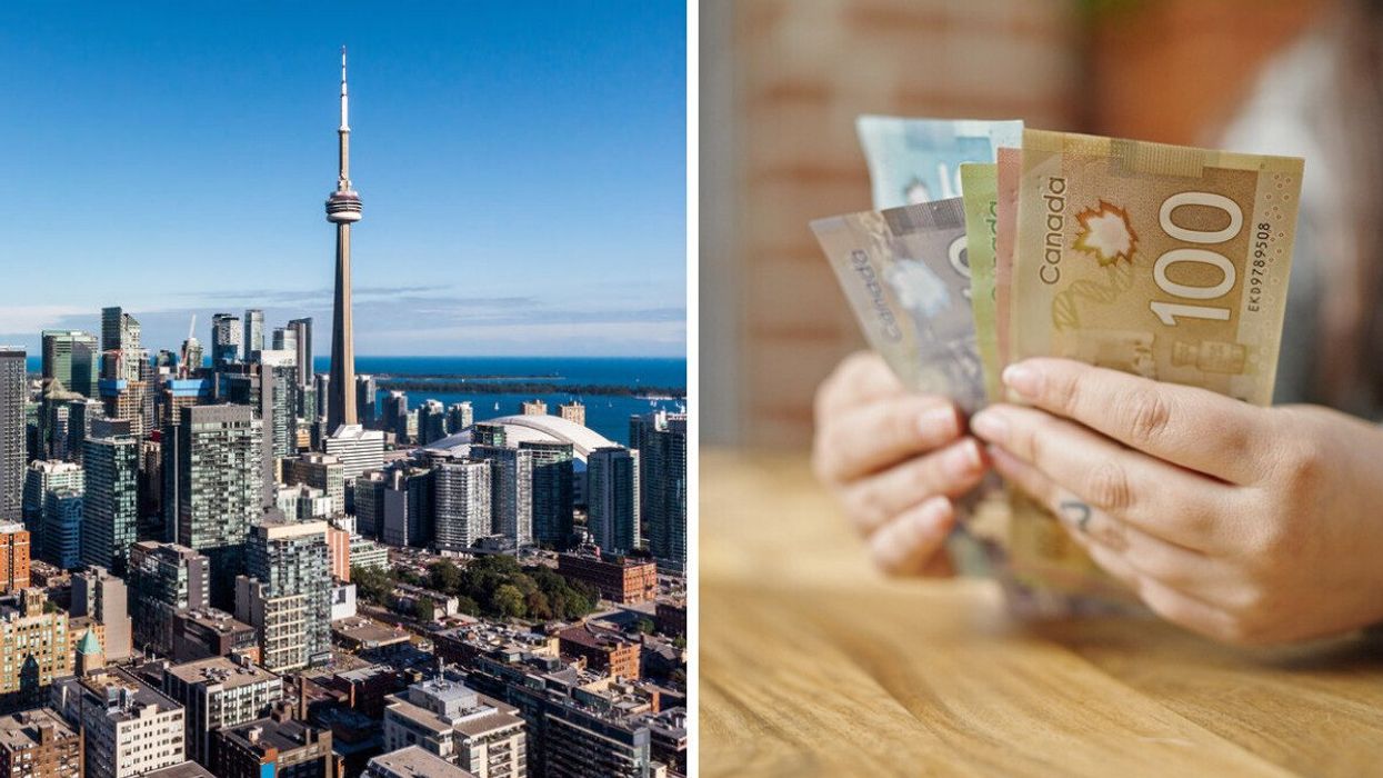 Buildings and the CN Tower. Right: Two hands holding Canadian dollar bills on a table.