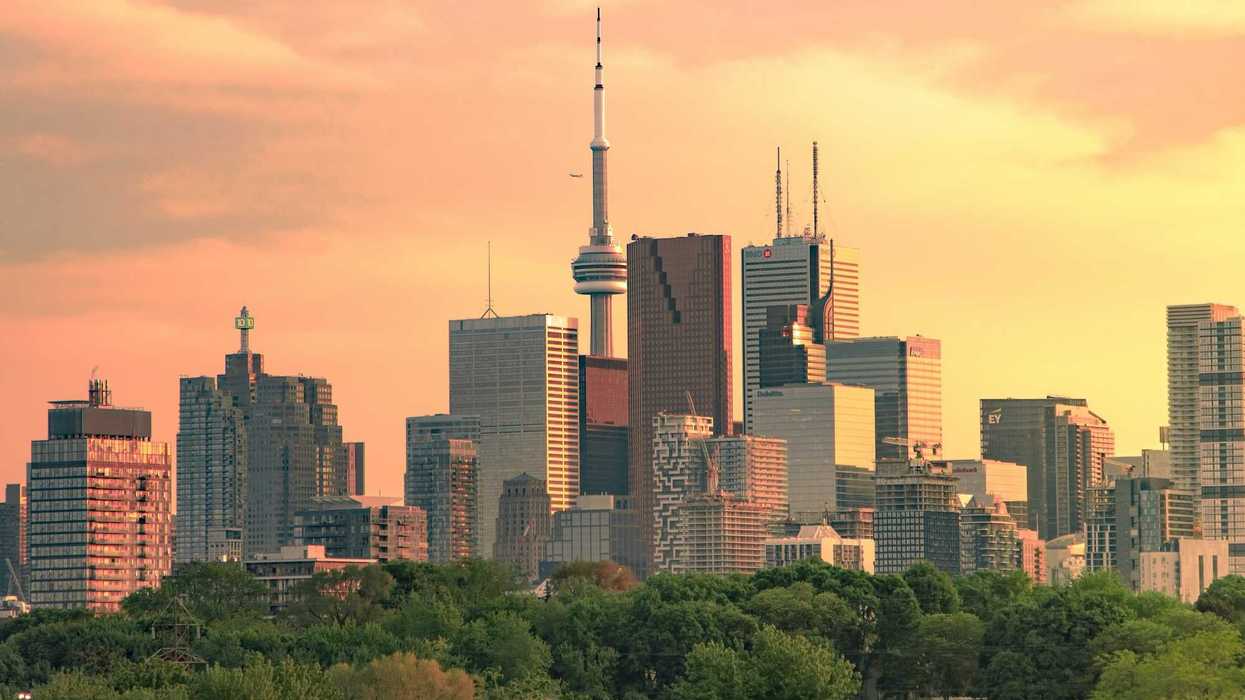 buildings and trees in toronto skyline at sunset