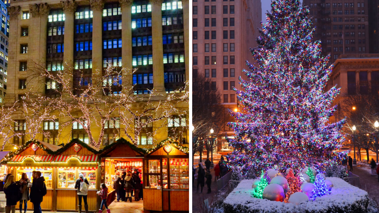 Buildings at the Christkindl Market in Chicago, IL. Right: A lit up Zhristmas tree in Chicago, IL.