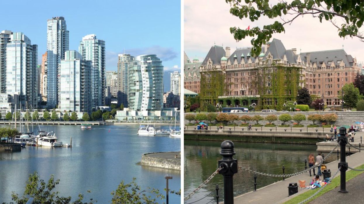Buildings in Vancouver, B.C. Right: Hotel in Victoria, B.C.