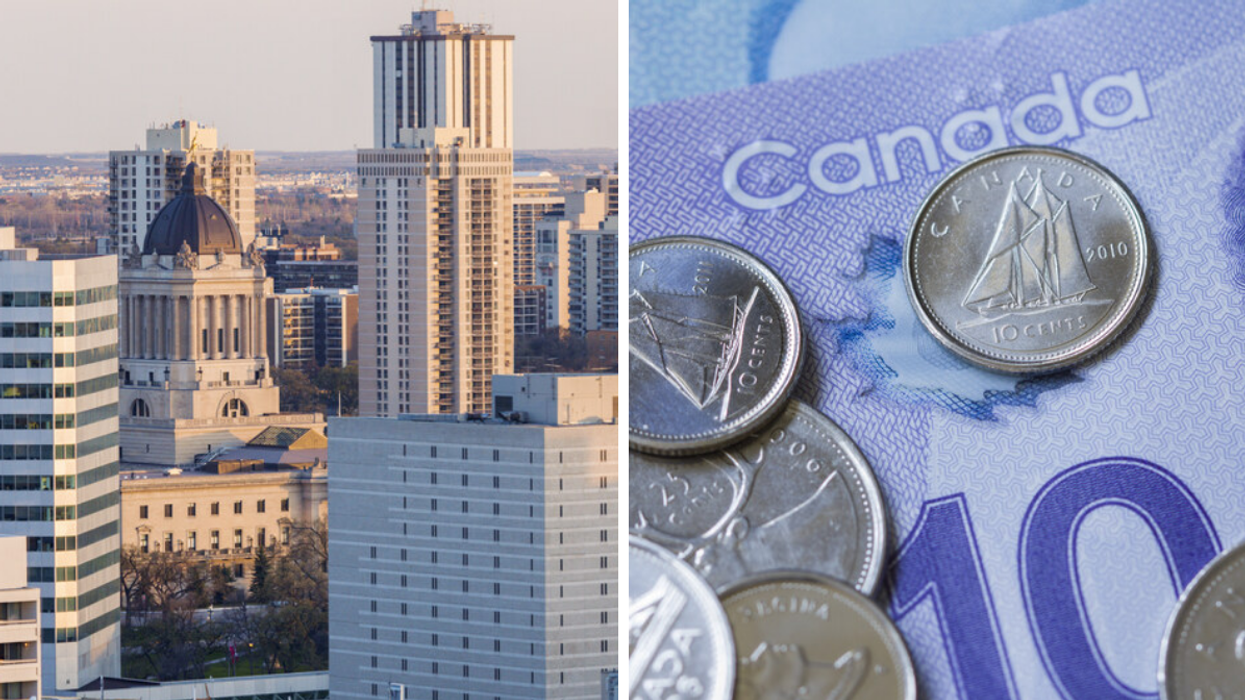 Buildings in Winnipeg, Manitoba. Right: Canadian currency.