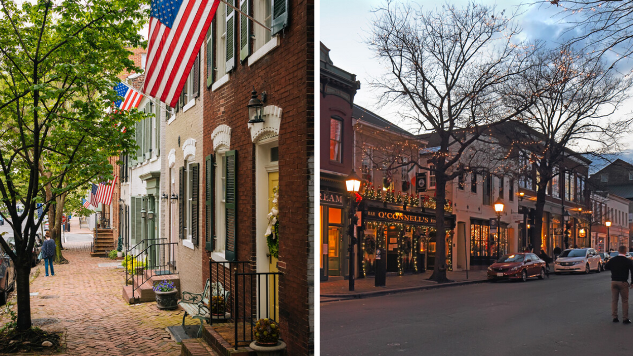 Buildings on a street in Alexandria, VA. Right: A row of buildings in downtown Alexandria, VA.