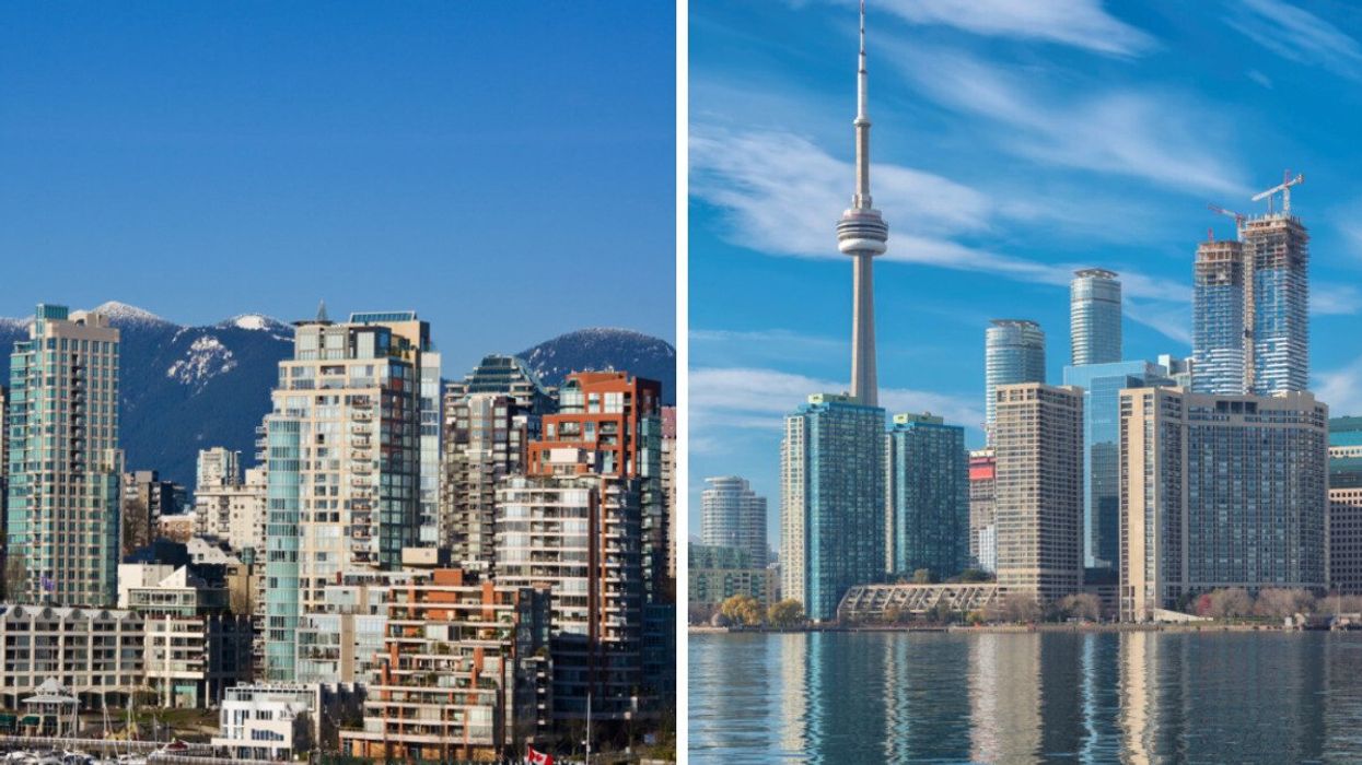 Buildings with mountains in the background. Right: A view of buildings by the water with the CN Tower in the backdrop.