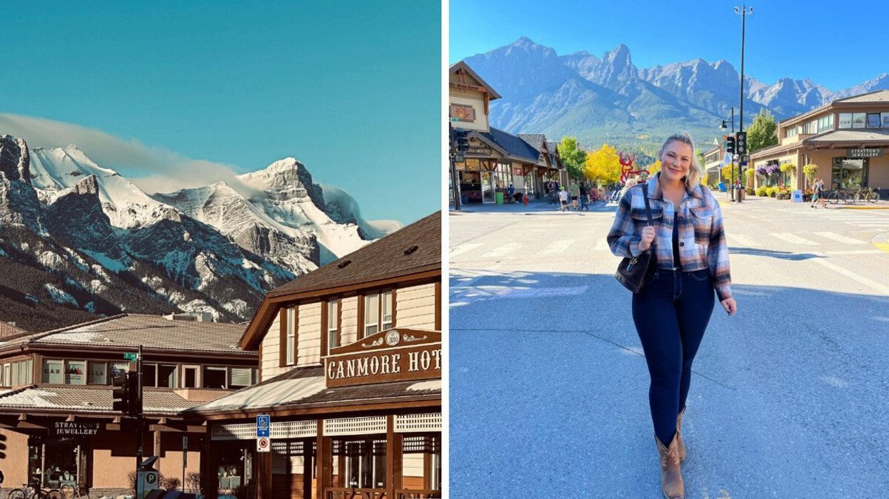 Buildings with mountains in the background. Right: Someone walking on a street with mountains behind.
