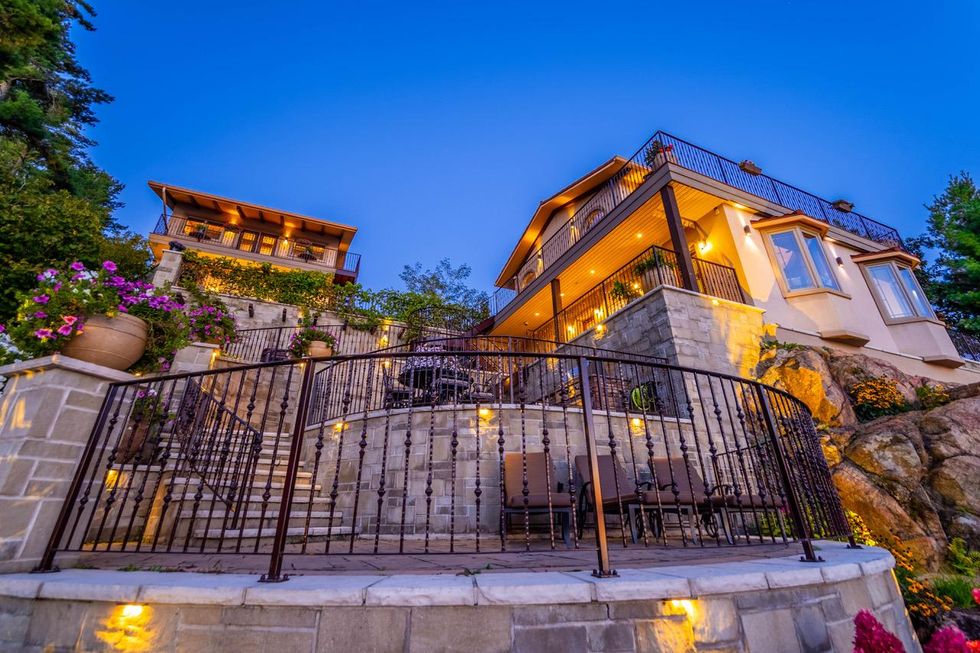 Buildings with stairways and balconies.